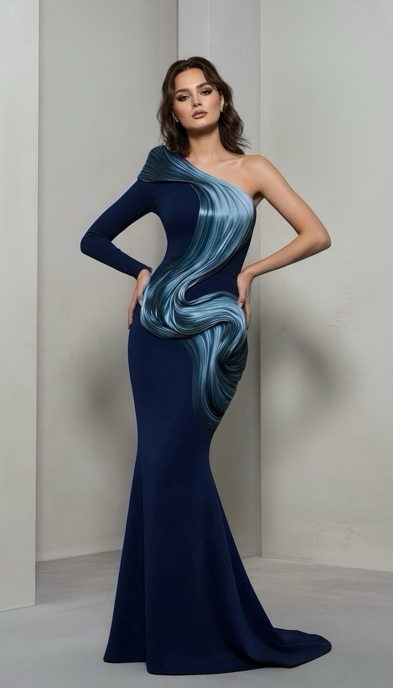Woman wearing a blue one-shoulder evening gown with a flowing design.